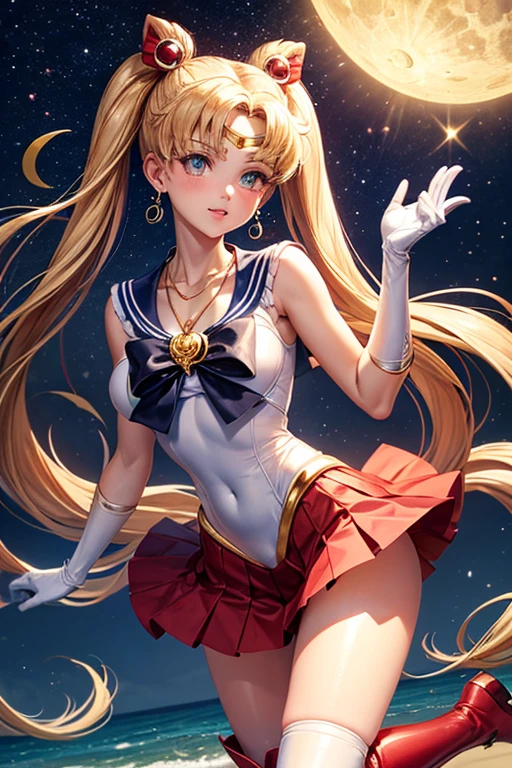 Sailor Moon on the beach in a slightly suggestive position dressed in a characteristic sailor suit. The top is a white fitted body with a large red bow on the chest.. The bow has a golden circular jewel in the center. His uniform includes a dark blue sailor collar., with three thin horizontal white lines on the edges wears a short skirt, pleated and dark blue, reaching mid-thigh, At the back of the waist, There is a big red bow that complements the skirt, He wears long, white gloves, covering the entire forearm almost to the elbow. They have red edges on the top, She wears red boots that reach just below the knee.. The boots have a gold crescent moon on the top. On his forehead, She wears a golden headband with a red jewel in the center.. Wear gold crescent moon earrings, and around her neck she wears a red necklace with a golden jewel, She has long blonde hair tied in two high pigtails shaped like an odango. (round bows at the base), that fall to their ankles