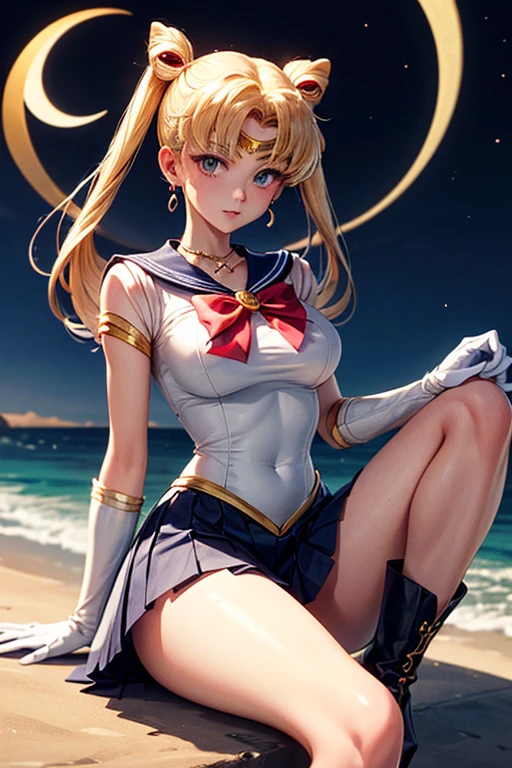 Sailor Moon on the beach in a slightly suggestive position dressed in a characteristic sailor suit. The top is a white fitted body with a large red bow on the chest.. The bow has a golden circular jewel in the center. His uniform includes a dark blue sailor collar., with three thin horizontal white lines on the edges wears a short skirt, pleated and dark blue, reaching mid-thigh, At the back of the waist, There is a big red bow that complements the skirt, He wears long, white gloves, covering the entire forearm almost to the elbow. They have red edges on the top, She wears red boots that reach just below the knee.. The boots have a gold crescent moon on the top. On his forehead, She wears a golden headband with a red jewel in the center.. Wear gold crescent moon earrings, and around her neck she wears a red necklace with a golden jewel, She has long blonde hair tied in two high pigtails shaped like an odango. (round bows at the base), that fall to their ankles
