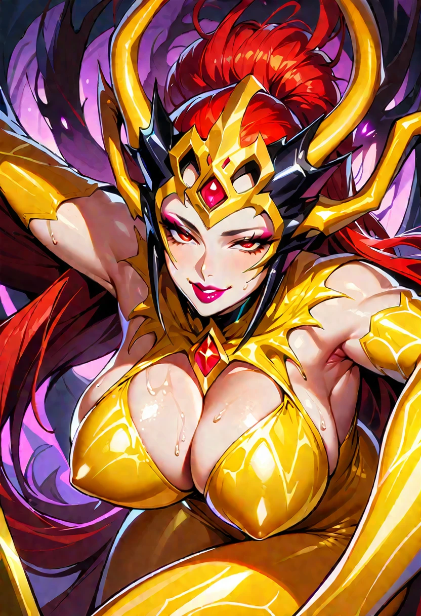 ung beautiful woman,(Highest quality,Extremely detailed depiction,Incredibly absurd high resolution,Anatomically accurate depiction,Curvy Legs),(Glowing Skin,Shiny skin,Porcelain-like skin),(Spider-themed monster:1.5,Shiny latex,A member of an evil organization,Black and yellow outfit,),eyelash,Sweat,(Red Eyes,Vertically drawn pupils,Large Breasts,A captivating smile,Glossy lipstick,Flashy makeup,Seductive gestures,Half-closed eyes:1.3),whole body,Spider legs,Spider's Thread,