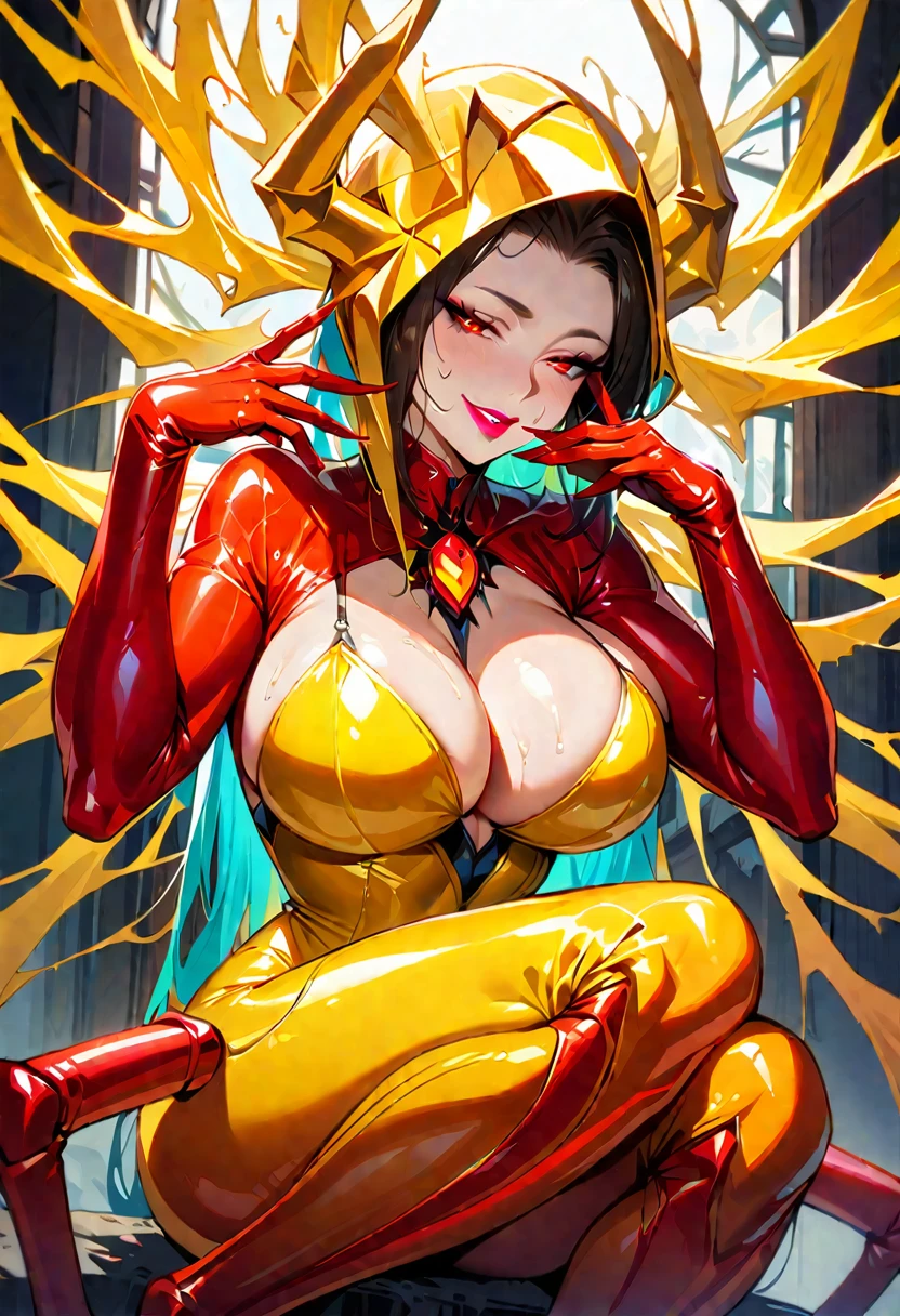 ung beautiful woman,(Highest quality,Extremely detailed depiction,Incredibly absurd high resolution,Anatomically accurate depiction,Curvy Legs),(Glowing Skin,Shiny skin,Porcelain-like skin),(Spider-themed monster:1.5,Shiny latex,A member of an evil organization,Black and yellow outfit,),eyelash,Sweat,(Red Eyes,Vertically drawn pupils,Large Breasts,A captivating smile,Glossy lipstick,Flashy makeup,Seductive gestures,Half-closed eyes:1.3),whole body,Spider legs,Spider's Thread,