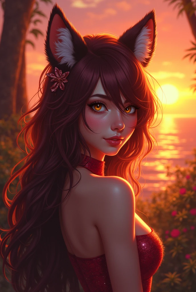 sensual gorgeous Fursona girl , colorful vivid, expresive beautiful eyes, with the sun setting in the background. Roxy Paine Loish , Anne Bachelier portrait style,intricate, highly detailed