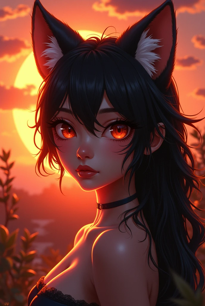 sensual gorgeous Fursona girl , colorful vivid,  expresive beautiful eyes, with the sun setting in the background. Roxy Paine Loish , Anne Bachelier portrait style,intricate, highly detailed