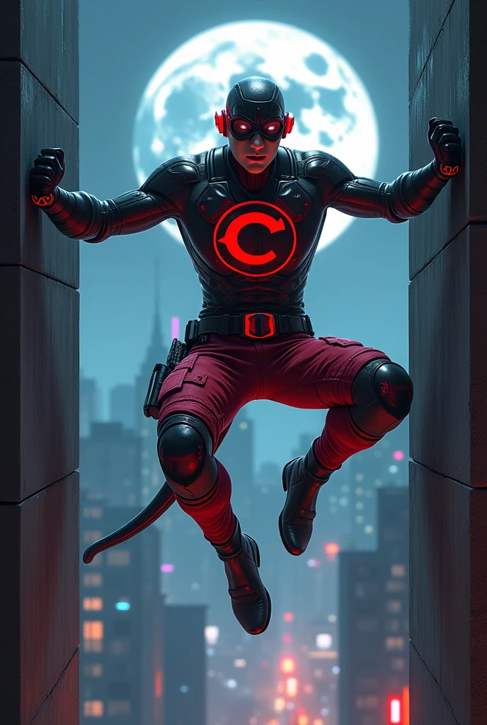 Malaysia human man wear helmet domino mask red black color.. White yes.big google glasses . Very athletic body type.glowing logo. Big "C" logo on chest. Very thin. No muscle. The daredevil costume. Superhero lizard concept.wear red ear mount.. Man use hanging with hand.((open mouth and nose)). Jacket leather.. cyberpunk design. Big shoulder. Hang out on bar . Bombing effect background. Jumping with two Hands up . Red cargo pant, high tech belt detail. Jump from top building Background city. At night big moon shoot. Very style jump pose. Side between wall.