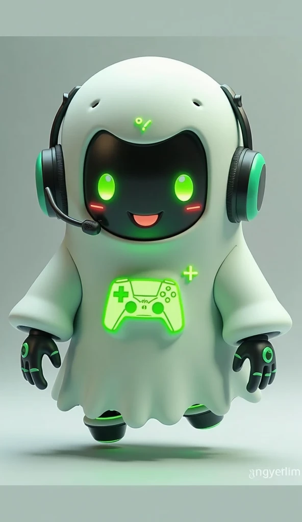 Create a medium-sized robot pet with a ghost-like appearance. With slightly rounded shapes resembling a drop. On your hands you have well defined fingers. His facial expression has large, green eyes with a glow, conveying a friendly and cheerful expression. He has a small open mouth with a happy smile and flushed cheeks.. Its body is white with small green details and a smooth, slightly shiny texture.. He has a headset on his head with an adjustable microphone positioned close to his mouth.. And on his chest you can see the illuminated shape of a Playstation 5 controller in fluorescent green.. It floats in the air, as if he were ready for an adventure. On his forehead is written the word "Soulgamer".