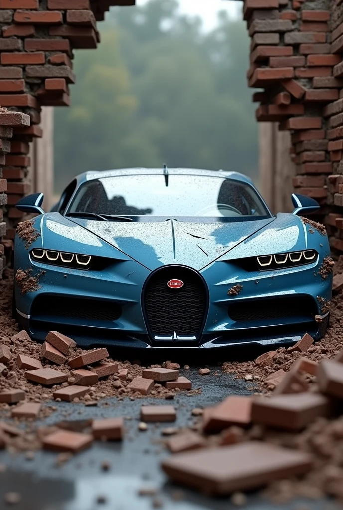 bugatti chiron
broken a wall of old bricks and Decal-Smashed
and in the air
car font view