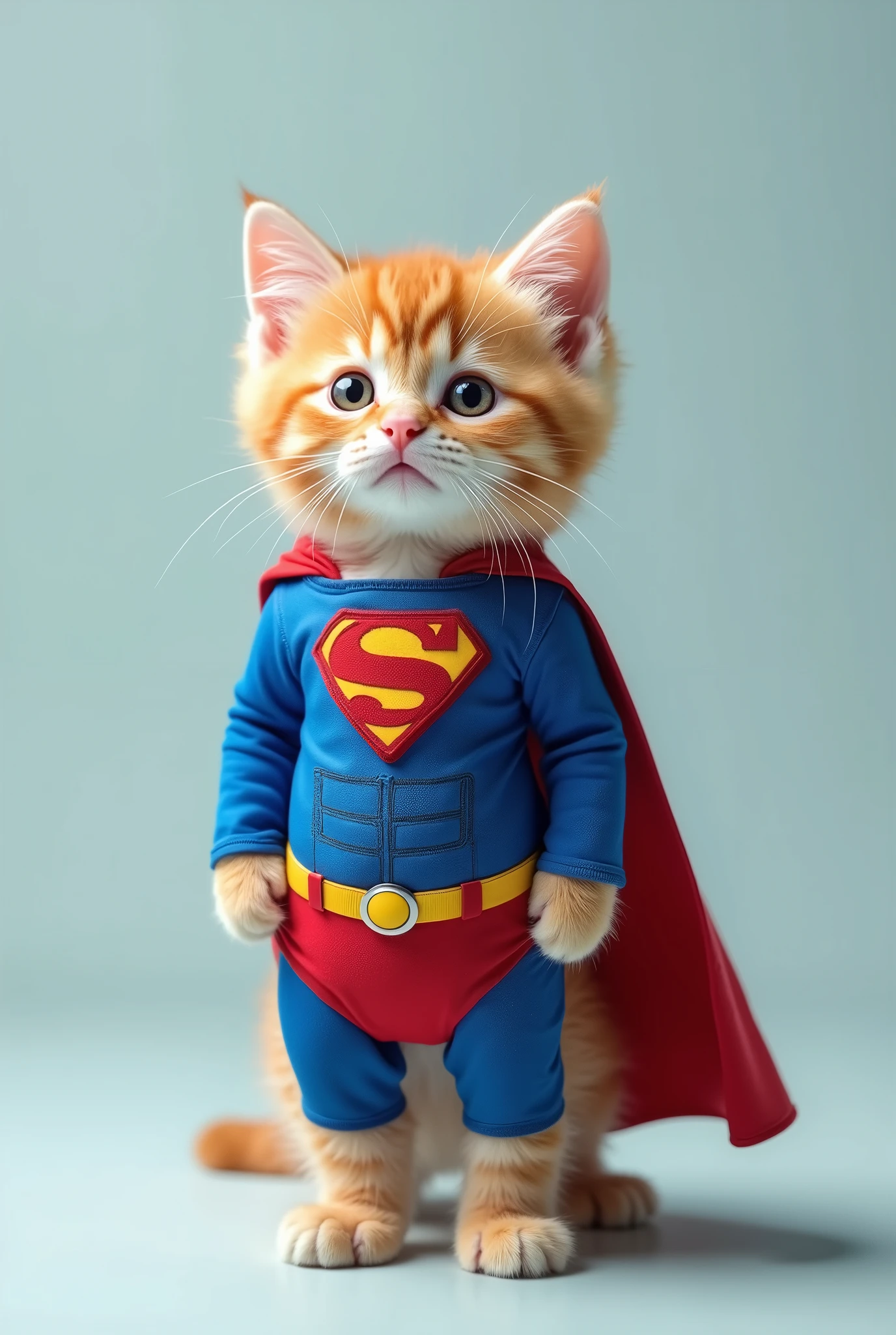 A realistic, full-body image of a cute kitten standing upright, dressed in a detailed Superman costume. The kitten wears a blue suit with the iconic 'S' symbol on the chest, a small red cape flowing behind it, and a red belt around its waist. The kitten has a lifelike, playful, and heroic expression, with fur texture and bright eyes that capture its lively nature. The background is simple and light to ensure the kitten remains the focal point, and the image is in a vertical portrait format