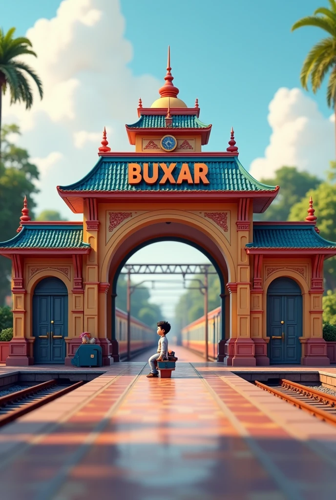 "Design a 3D model of a Night beautiful railway station named 'Buxar.' The station should feature a large, prominent signboard displaying 'Buxar' in bold, legible letters. The architecture should combine traditional elements with modern touches, showcasing clean lines, well-maintained platforms, and intricate details. The environment is set during the day, with natural lighting that enhances the structure's vibrant colors. The surrounding area should include train tracks and a few passengers to bring the scene to life." A 21 years boy is waiting for train and sitting on bench with bag