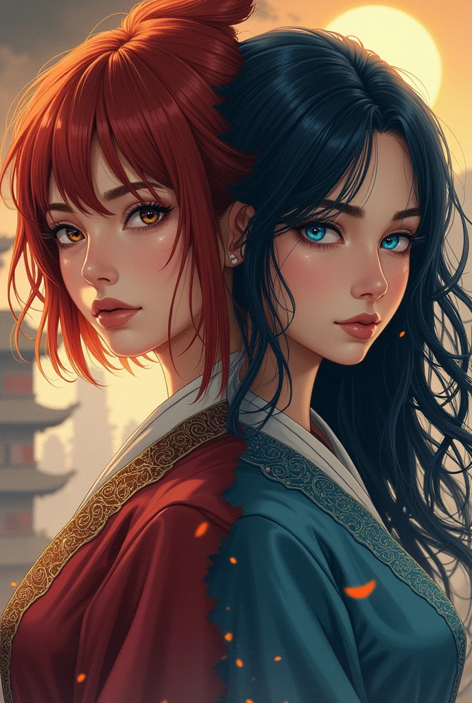 Make a cover for a hiatorua called Between the End and Hope with a woman with short red hair and brown eyes and a woman with blue eyes and black hair in anime style 