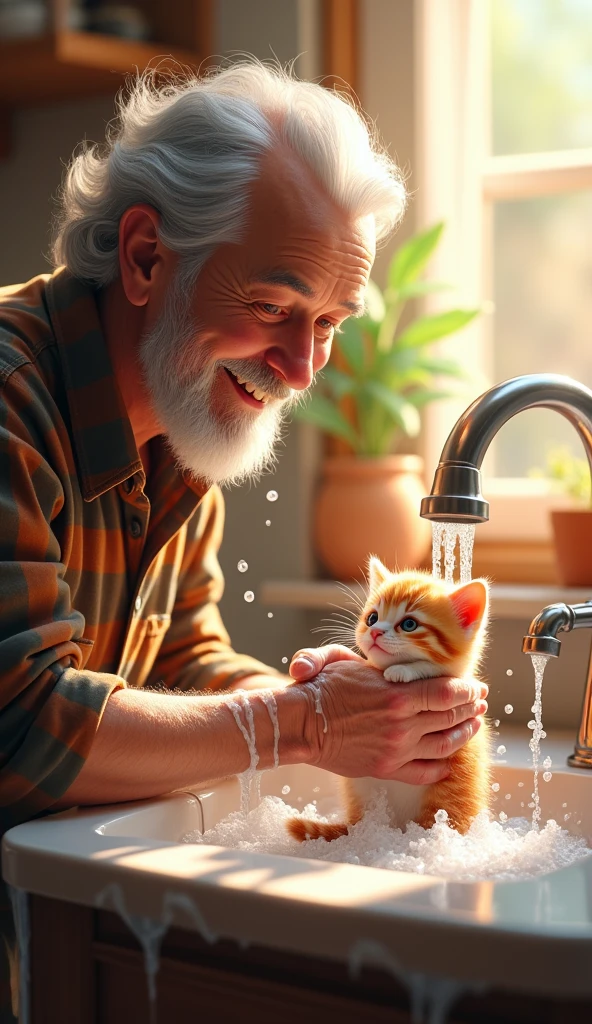 make a picture An elderly man with gray hair and a plaid shirt is joyfully washing a small kitten with red-striped fur, covered in soap, in a sink. He is smiling broadly, clearly enjoying the moment, while water flows from the faucet onto the kitten, creating a playful, bubbly scene. The background features a cozy kitchen ambiance with light streaming through the window.