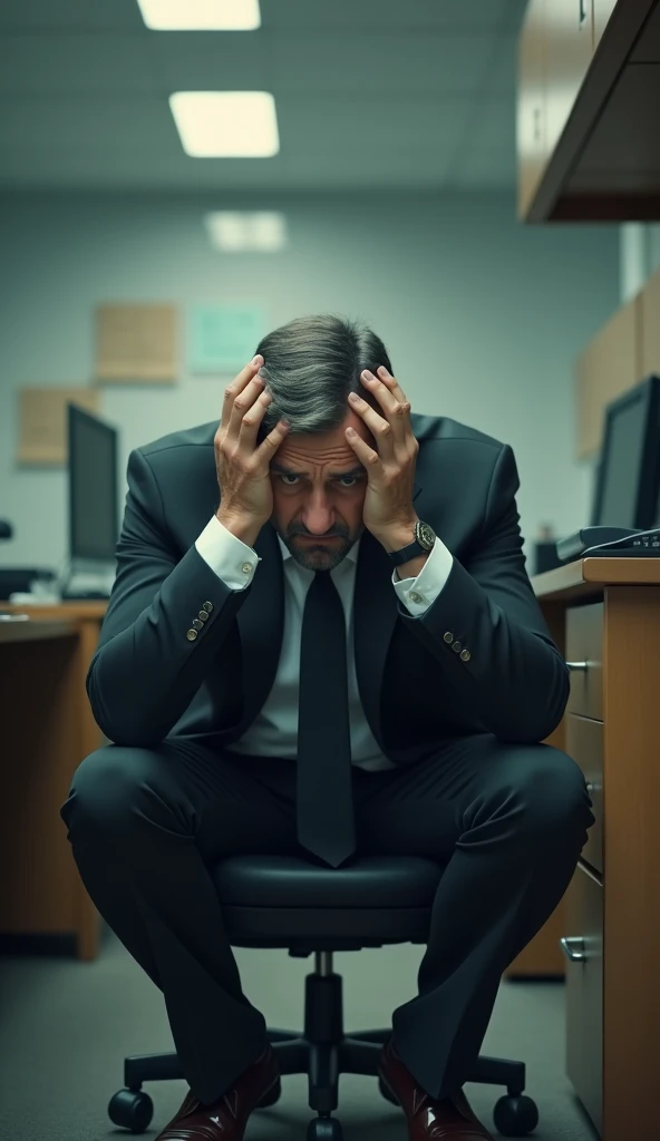 Man at work secretary with negative thoughts in fear hands on head