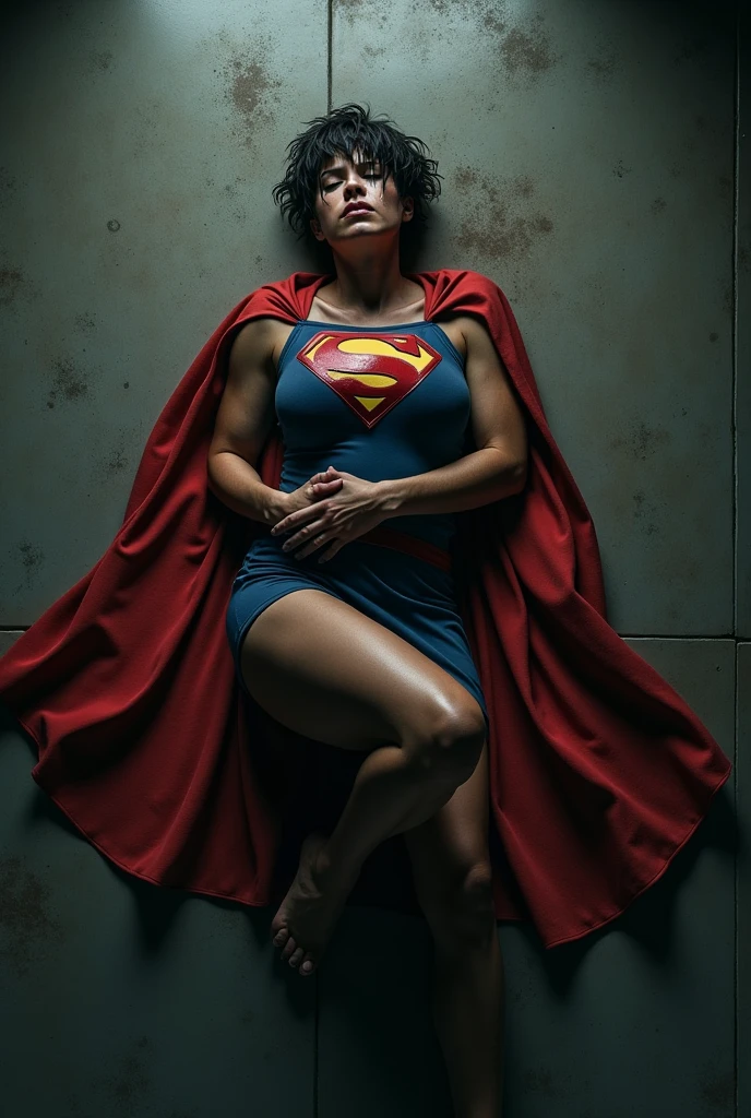 A short-haired woman in costume. with a cape. physically strong, lying on the floor in the fetal position, sobbing. perspective from above.