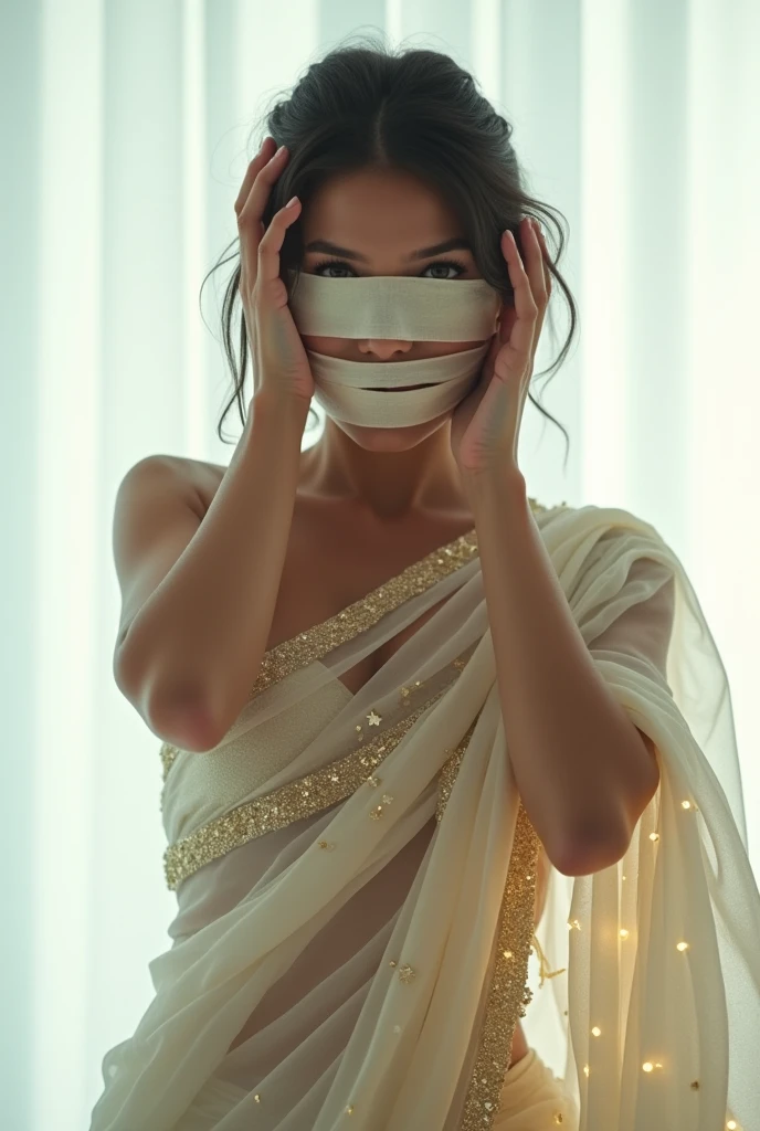 Aesthetic girl blindfolded duct tape gagged in white sparkling shimmering saree taking selfie tape gagged