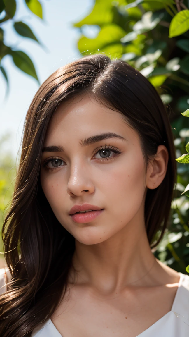 a beautiful woman with long dark hair, pale skin, detailed face, piercing blue eyes, full lips, high cheekbones, elegant expression, delicate and graceful, wearing a flowing white sundress, standing in a lush garden with blooming flowers, sunlight streaming through the leaves, radiant and serene, (best quality,8k,highres,masterpiece:1.2),ultra-detailed,realistic,photo-realistic:1.37,intricate details,cinematic lighting,vivid colors,award winning photography