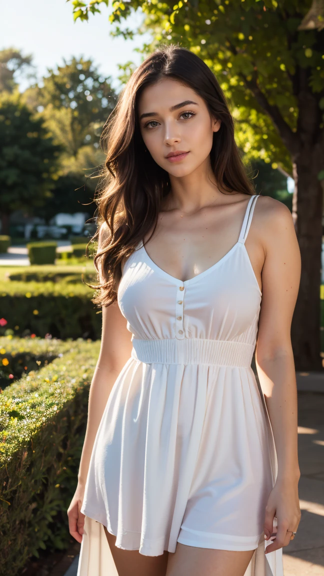 a beautiful woman with long dark hair, pale skin, detailed face, piercing blue eyes, full lips, high cheekbones, elegant expression, delicate and graceful, wearing a flowing white sundress, standing in a lush garden with blooming flowers, sunlight streaming through the leaves, radiant and serene, (best quality,8k,highres,masterpiece:1.2),ultra-detailed,realistic,photo-realistic:1.37,intricate details,cinematic lighting,vivid colors,award winning photography