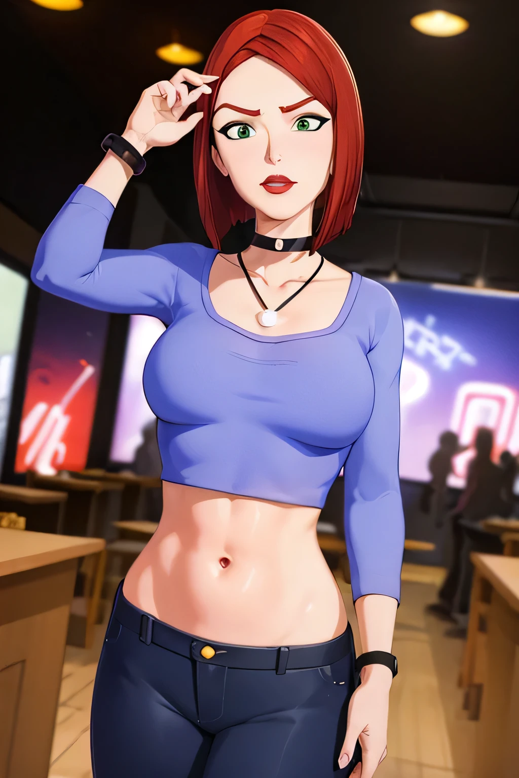 straight-on,pose,looking at viewer,solo, BREAK,
CARTOON_merry_jane_watson_SMTAS_ownwaifu, www.ownwaifu.com, 3d, 
red hair, short hair, green eyes, breasts, makeup, lipstick, red lips, bob cut, lips, choker, jewelry, necklace, black choker, blue shirt, crop top, long sleeves, black_pants, jeans, denim, wristband, super fine illustration, vibrant colors, masterpiece, sharp focus, best quality, depth of field, cinematic lighting, ultra detailed, belly, belly button, bellybutton, navel, tummy, wide hips, angry, chestnut mouth, parted lips