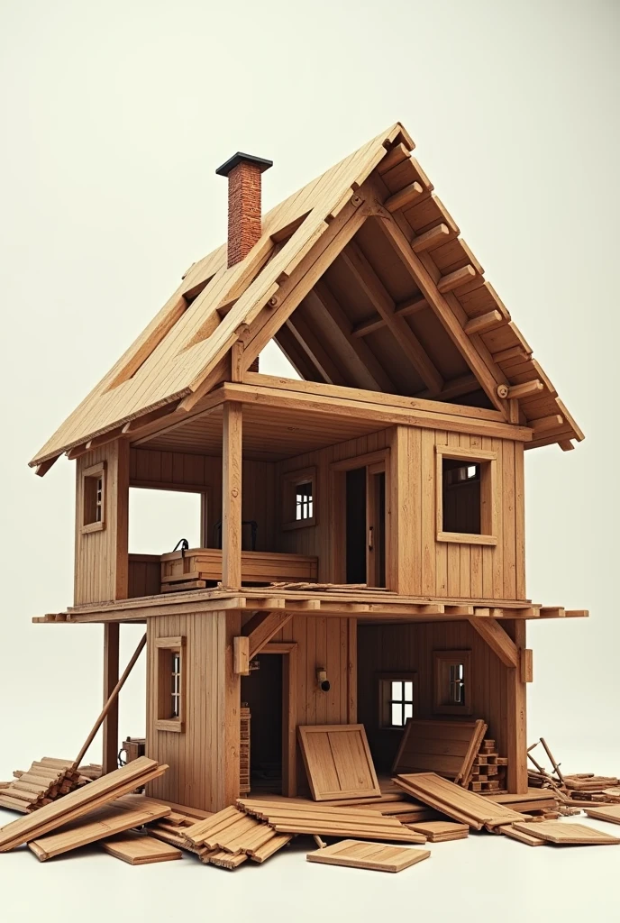 Generate an image of a deconstructed wooden house
