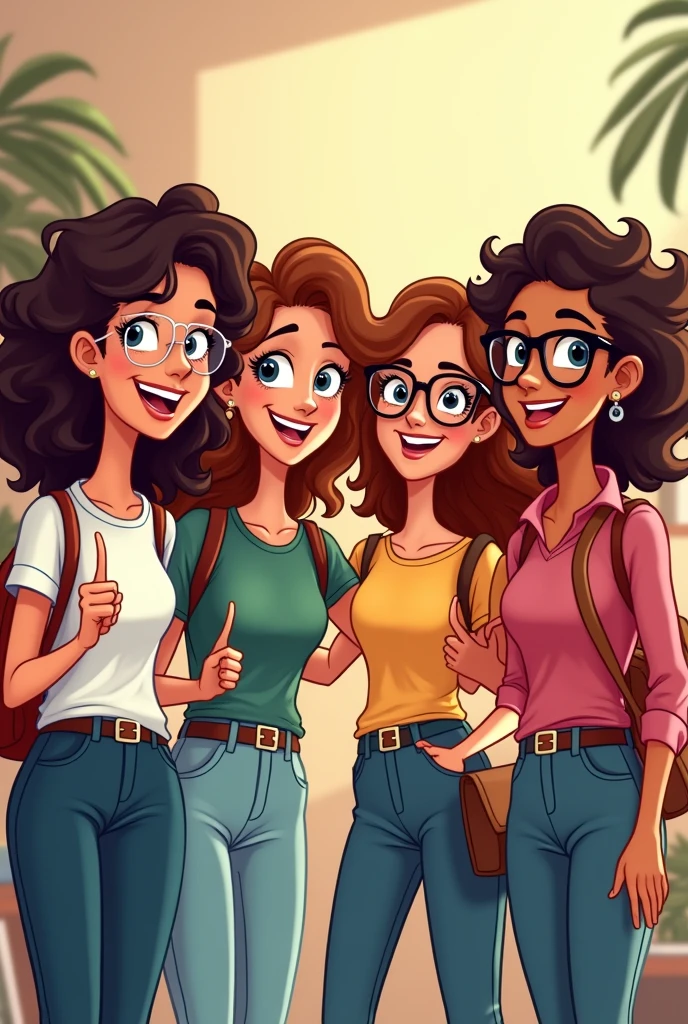 Please create an image of a group of 4 college friends cartoon version, 3 of them are women and one is a man, One of the women has very wavy hair and wears glasses., They are all operating next to each other looking at the camera 