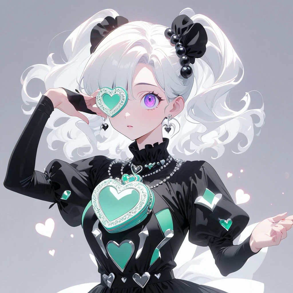 A young woman,(A red ribbon covers one eye),illustration,With black aesthetics、Anime aesthetic style,I can't believe how beautiful it was,Black Pearl and Mint,Monochrome minimalist portrait,Pop artistic sense,whole body,Dynamic,heart inspired outfit, purple eyes, detailed image,detailed anatomy,detailed eyes,hq 4k,8k , perfect ilumination, showing her wrist with a silver hearts purse