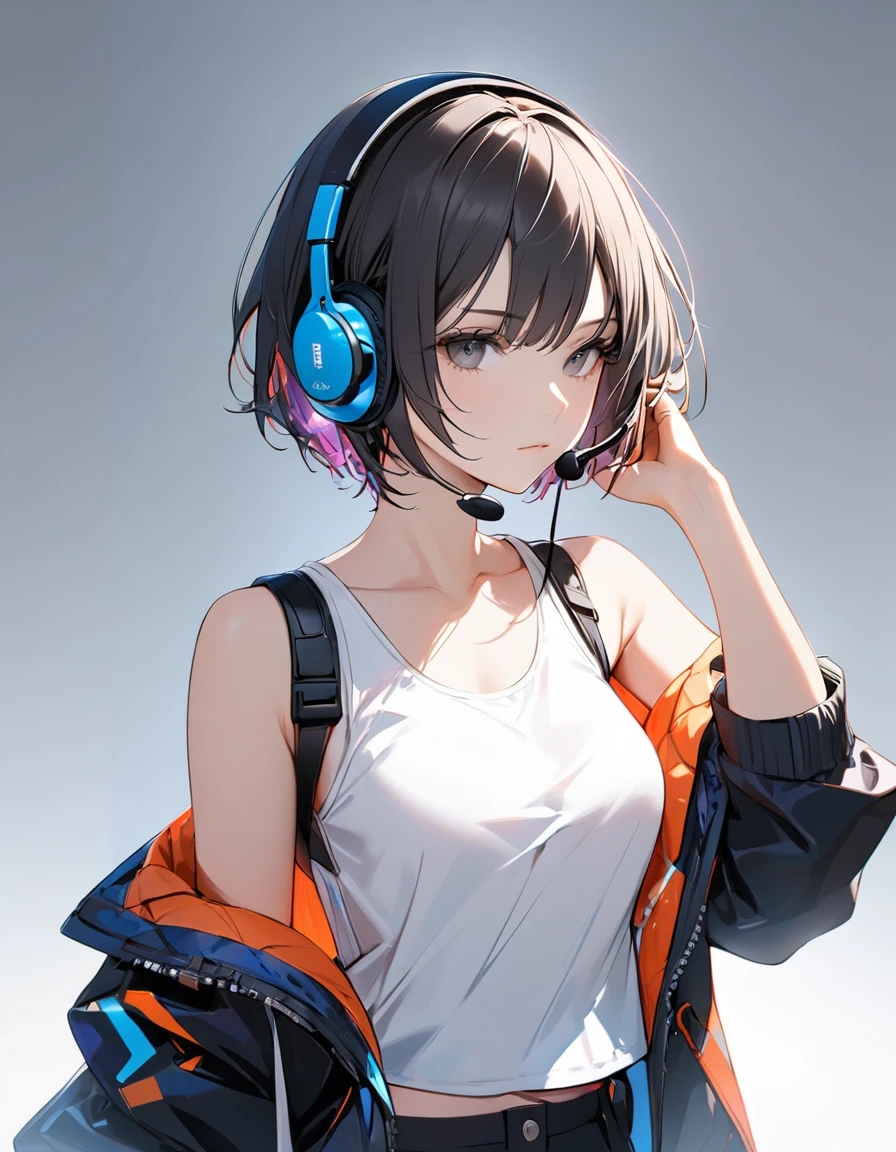 1girl, best quality, beautiful, short hair, 8K, expressionless, model pose, jacket, white tanktop inside, earrings, headset, perfect, concept, full color