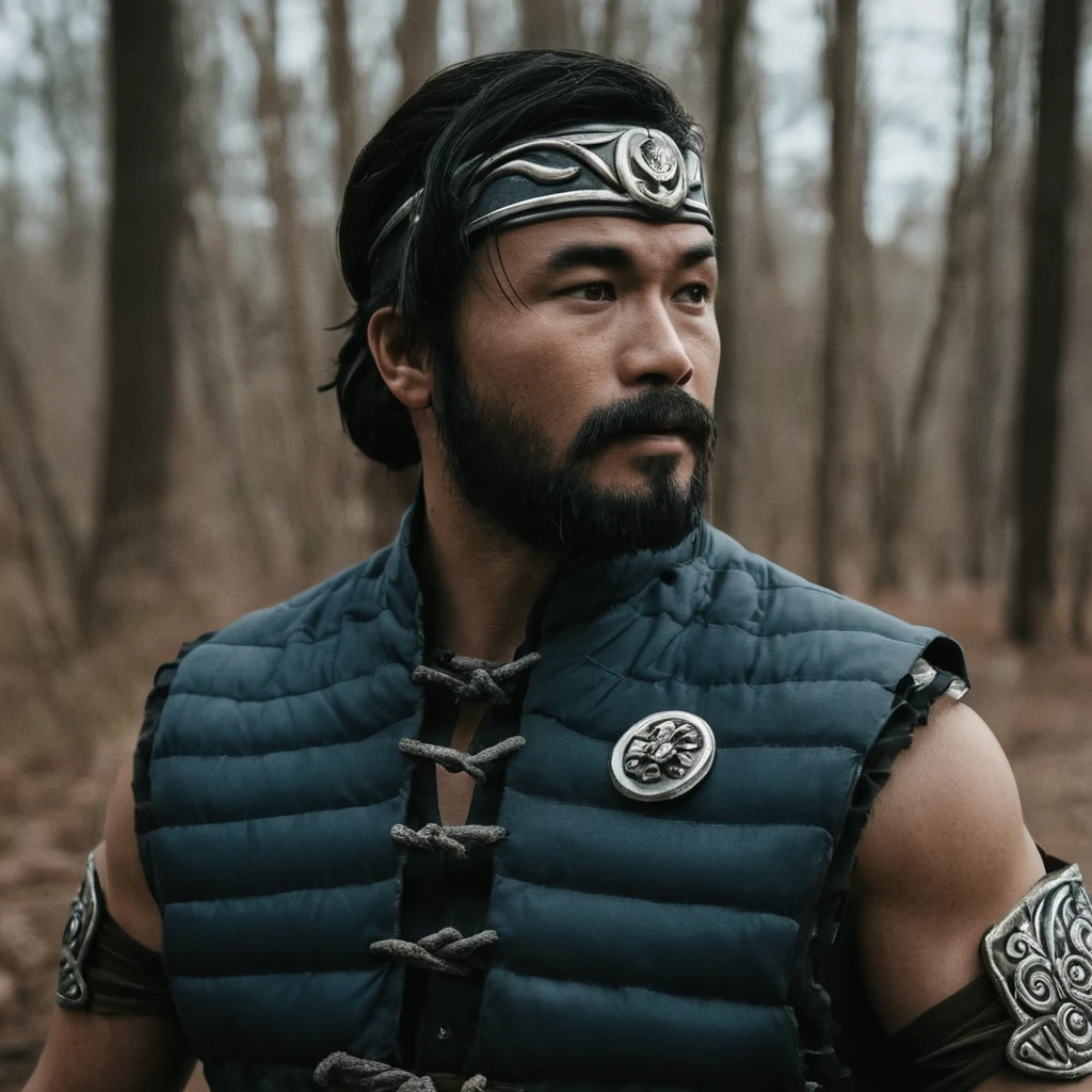 cinematic film still of  Mortal Kombat style, fictional universe consisting of numerous realms, Bo Rai Cho a man with a beard and a vest,solo,long hair,black hair,gloves,1boy,ponytail,male focus,fingerless gloves,facial hair,bandages,beard,mustache , Live-action, white sclera eyes, muscular, fitness, fighters, Action-adventure, brutal and gruesome, Mortal Kombat style, mk style, shallow depth of field, vignette, highly detailed, high budget, bokeh, cinemascope, moody, epic, gorgeous, film grain, grainy