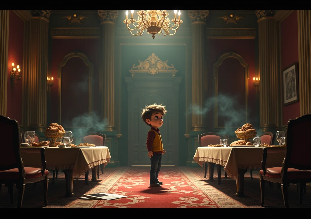 A once luxurious mansion is now transforming into a desolate and empty house. The scene shows a grand dining table that was once filled with abundant food, now replaced with old bread and murky water. The once vibrant and lively home is now quiet and dimly lit. The servants and staff have disappeared, leaving the house empty. Lucas is standing in the middle of the scene, looking around with a confused and indifferent expression. The scene is styled in a Disney Pixar fashion, with attention to detail and a contrast between the former luxury and the current emptiness.