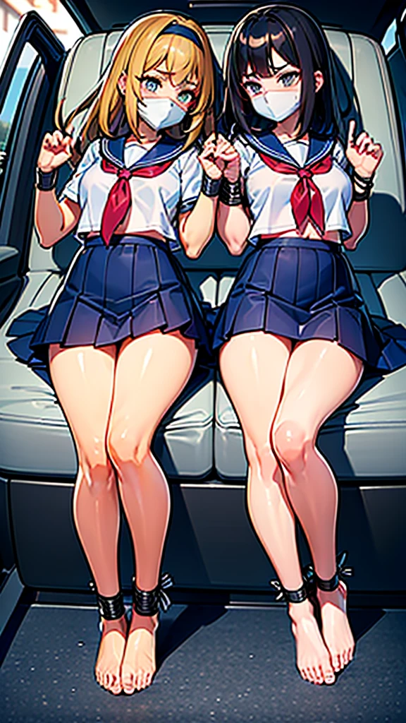 Churi, Ticker, Two high school girls are tied up and confined inside a car.、(Highly detailed CG Unity 8k), (Highest quality)，(Very detailed)，(Ultra-high resolution), ((Two Women)), gag,Sailor suit, Rope Bondage, breasts Rope Bondage, hands back Rope Bondage, leg Rope Bondage, thigh Rope Bondage, bust Rope Bondage, feet Rope Bondage, ((Put your hands behind your back)), ((Tie your wrists behind your back)), ((Ankle binding)), 白い布でgag, Navy Blue Skirt, Black Hair, The first one has long hair, The second one is a bob cut., BDSM, ((White headband)),