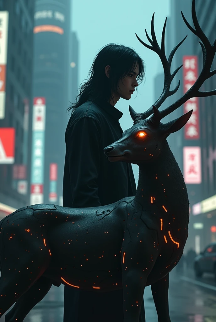 Manga 20 year old white man with long black straight hair and unshaven, sweet noir qui est amoureux d une biche cyber-punk