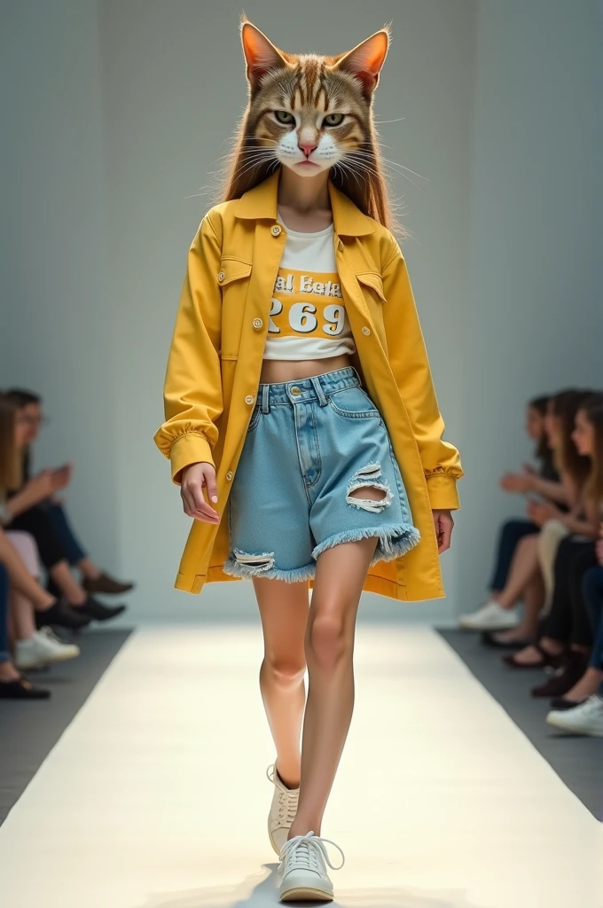 Full body photo of girl with cat face, she wears yellow white and blue dress, She is walking the catwalk in a youthful style outfit., charming, on the clothes there is a line :Real Estate 369