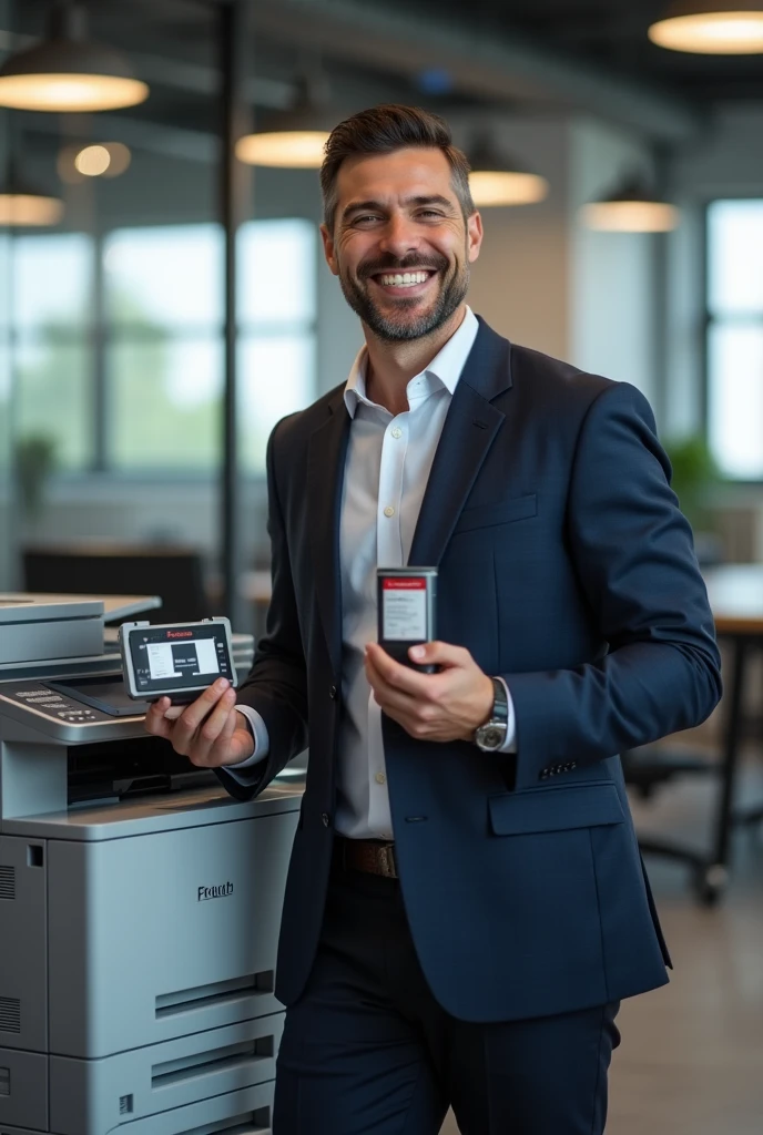 Businessman with a smile on his face standing next to a printer and in his hands he has a printer toner and ink