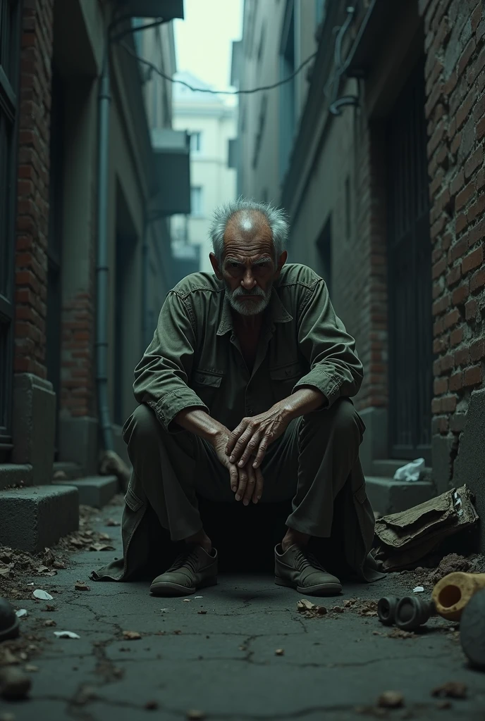 Old man sitting in an alley very unhappy