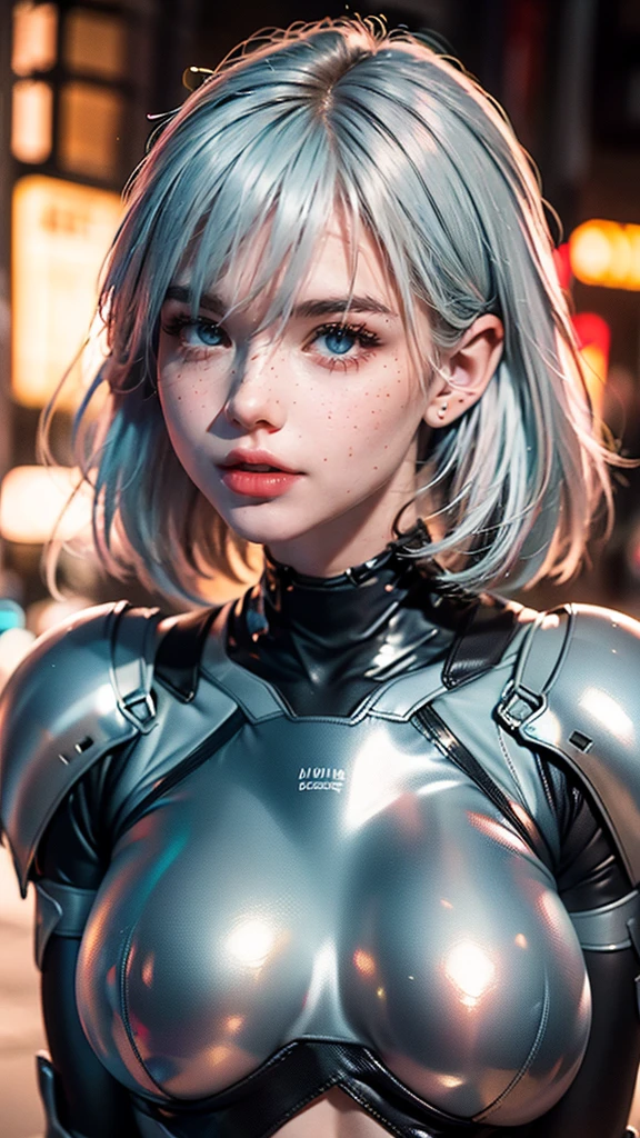 1girl,perfect face, freckles face , perfect body, big breast, wearing a tights bodysuit ,sexy futuristic armor, wearing a futuristic helmets, helmet have ear like rabbit,