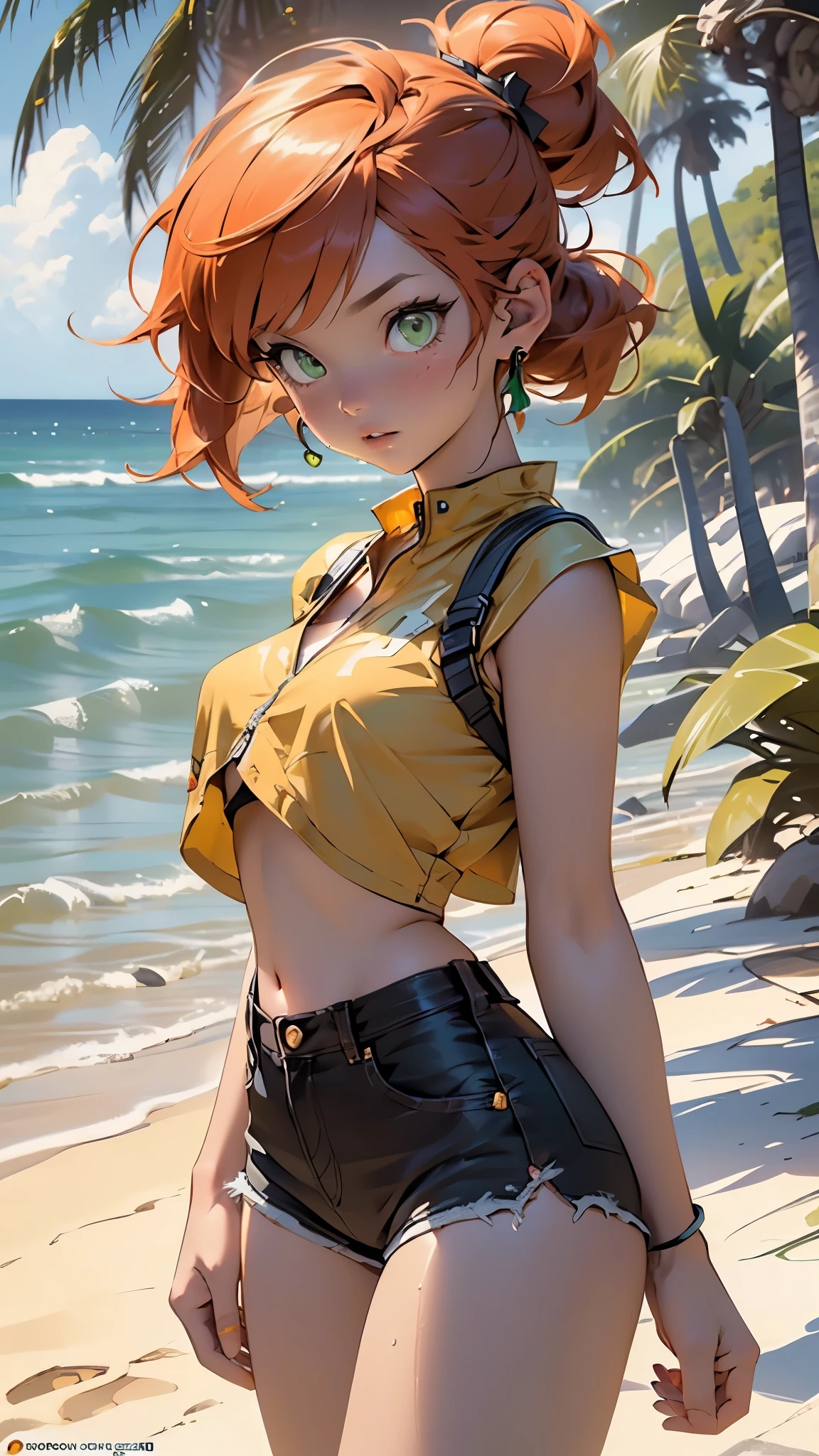 (((Misty))),misty_(pokemon),misty (pokemon),misty \(pokemon\),,character_pokemon_misty,1girl,
(large breasts:1.4),(((short hair, side ponytail,orange hair,orange_hair, spiked hair,))),(((green_eyes:1.3))),intricate eyes,beautiful detailed eyes,symmetrical eyes,big eyes:1.5,((((lustrous skin:1.5,tanned skin,bright skin: 1.5,skin tanned,shiny skin,very shiny skin,shiny body,Reflective skin)))),(spider lower abdomen,narrow waist,slim waist, wide hip,athletic body,inflated legs,thick thighs,delicate detailed fingers,(detailed face)),beautiful detailed lips,
cute,slutty,sensual,seductive look,seductive,((erotic)),opulent,sumptuous,((nsfw)),wet, ,
(yellow shirt, shirt,crop top,yellow crop top,yellow_sleeveless_cropped_shirt), (tiny denim shorts,shorts,short shorts,denim, denim shorts,cheeky shorts), (((unzipped, open fly))),
(navel, midriff,belly), (suspenders,red suspenders), (wardrobe malfunction),
(shy pose:1.3),looking at viewer,embarrassed,shy,centered,scale to fit dimensions,Rule of thirds,
outdoors, ocean, (ocean in the background),((Sky, Sea, clouds,)), with dark stormy clouds,((beach scenery,intricate scenery)), scenery, extremely scenery, clouds, palm trees, reeds, (sunset, golden hour),
(Glossy pokemon ornaments),highres,sharp focus,(ultra detailed,extremely detailed),(photorealistic artwork:1.37),(extremely detailed CG unity 8k wallpaper),(((vibrant colors,vibrant theme))),(intricate),(masterpiece),(best quality),artistic photography,(photography taken by sldr),(intricate background),perfect rendered face,perfect face details,realistic face,photo realistic,((intricate detail)),(((realism))),