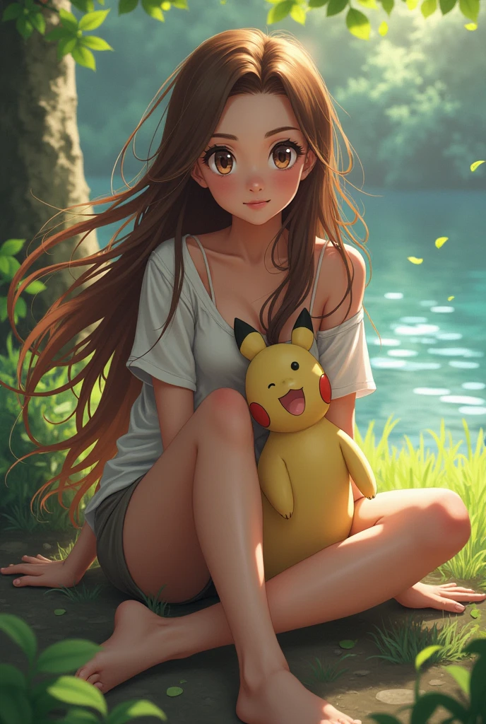 A butiful girl with brown hair and big breasts sits with her legs stretched out, taking a realistic photo sinia pokemon