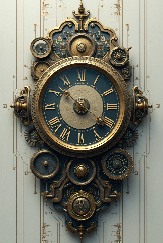 
Create a Futuristic image with Tradition:

Image: An old clock with gears that transform into electronic circuits, uniting the past with the future.
Text: "Quinta-Essênc[IA]" in a font that mixes classic styles with modern touches.
