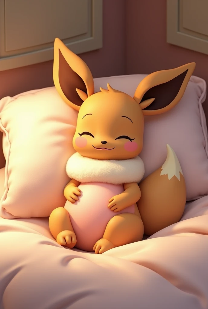 An eevee pregnant with twins in 8 months, lying in bed and blushing feeling her babies moving, with Cartoon 3d style