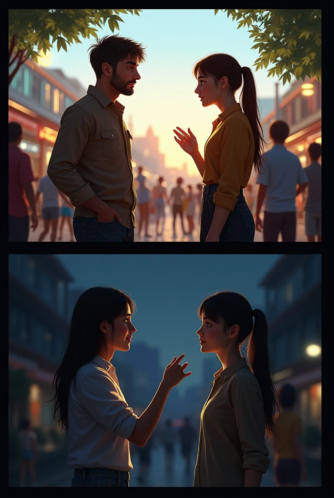 Someone talking to other while looking surrounding during daylight and someone talking while hearing to other in night