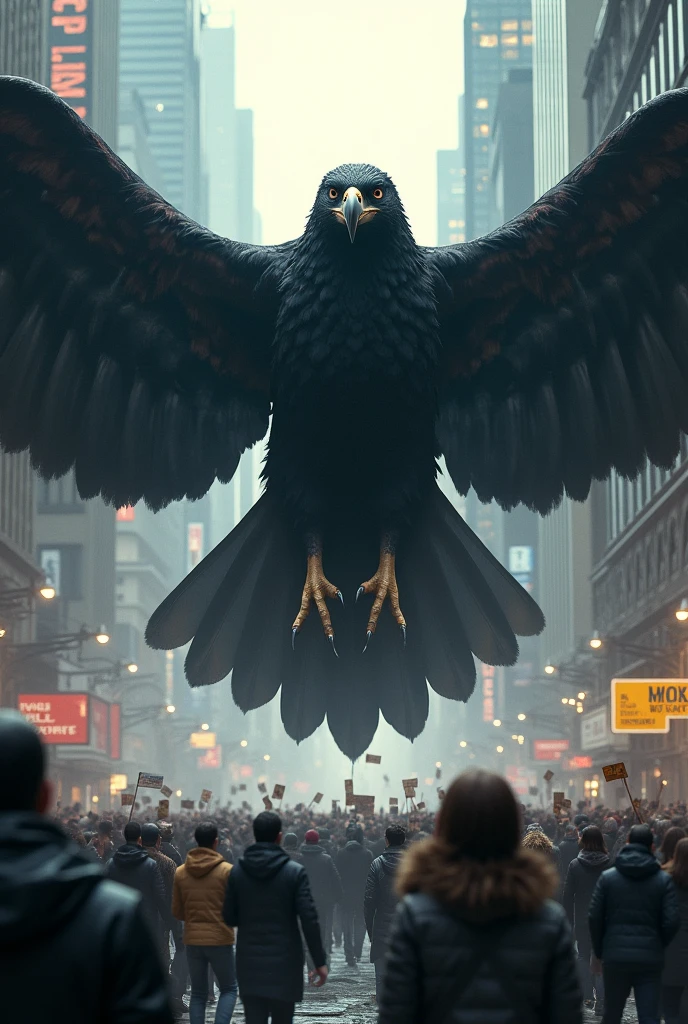 Generate images of a gigantic black eagle preying upon a crowd of scared people