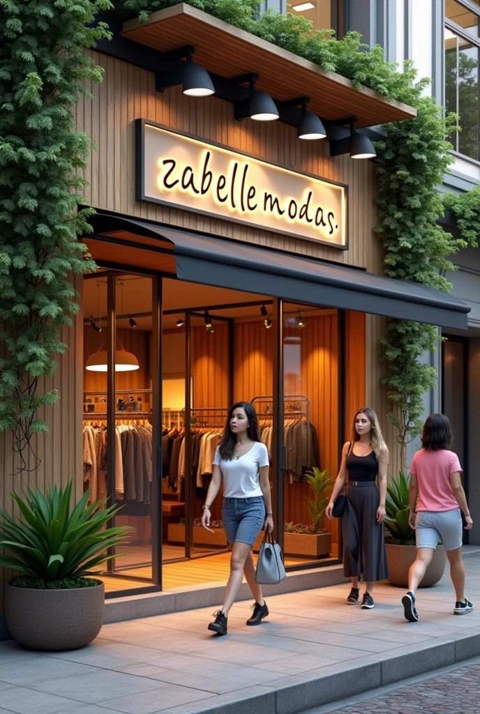 Ultra-realistic, 8k, a modern and cozy women's clothing store located in Brazil, with the focus on the storefront's stylish sign that reads "Zabelle M O D A S" in a clean, elegant font. The sign is prominently displayed above the entrance, with soft, warm lighting that highlights the lettering, making it the centerpiece of the scene. Surrounding the sign, the facade features natural wood accents and vibrant tropical plants, adding a touch of Brazilian charm. The sidewalk is lively, with women passing by, some pausing to look up at the sign while others admire the