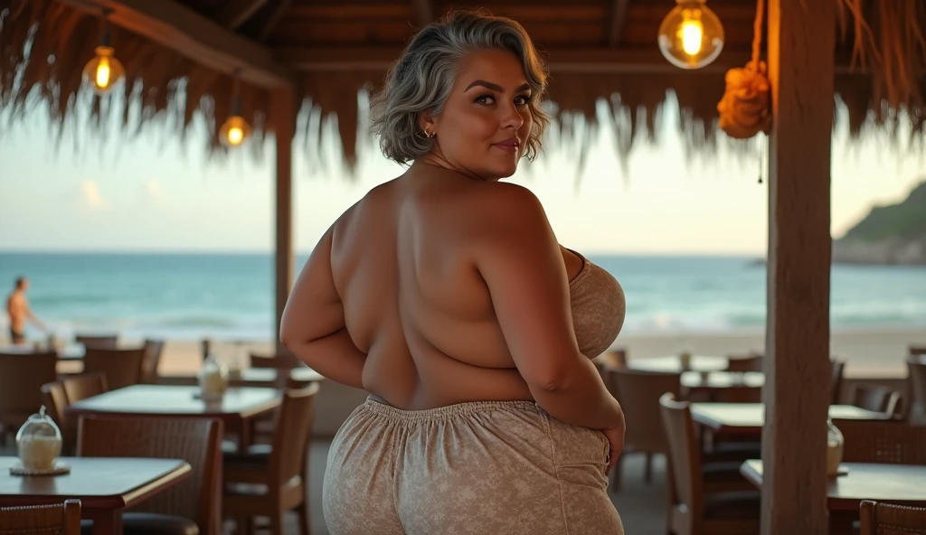 mature woman, 60 years old, in a short skirt is in a restaurant on the beach, attractive woman, gray hair, curvaceous, hot chubby, voluminous body, cleavage, large breasts, approximately 60 years old, older mature woman, image from behind, looking for camera, posing, big ass, sex with beautiful woman, stunning, sex with natural mature woman, average size plus size, older woman, 6