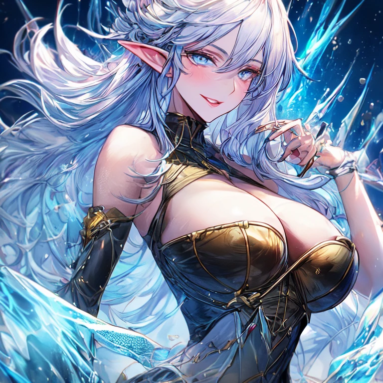 Beautiful mature milf elf swordswoman in ice with long white hair and blue eyes big breasts UHD, textured skin, super detail, high details, high quality,