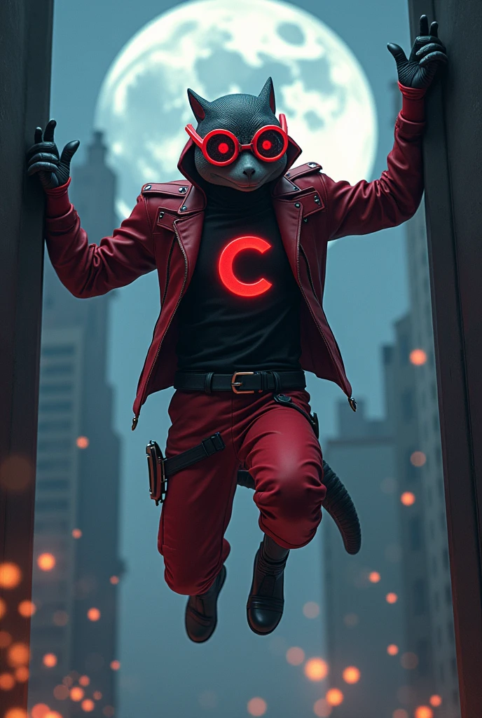 Malaysia human man wear helmet domino mask red black color.. White yes.big google glasses . Very athletic body type.glowing logo. Big "C" logo on chest. Very thin. No muscle. The daredevil costume. Superhero lizard concept.wear red ear mount.. Man use hanging with hand.((open mouth and nose)). Jacket leather.. cyberpunk design. Big shoulder. Hang out on bar . Bombing effect background. Jumping with two Hands up . Red cargo pant, high tech belt detail. Jump from top building Background city. At night big moon shoot. Very style jump pose. Side between wall. Exoskeleton lizard tail on backbone.