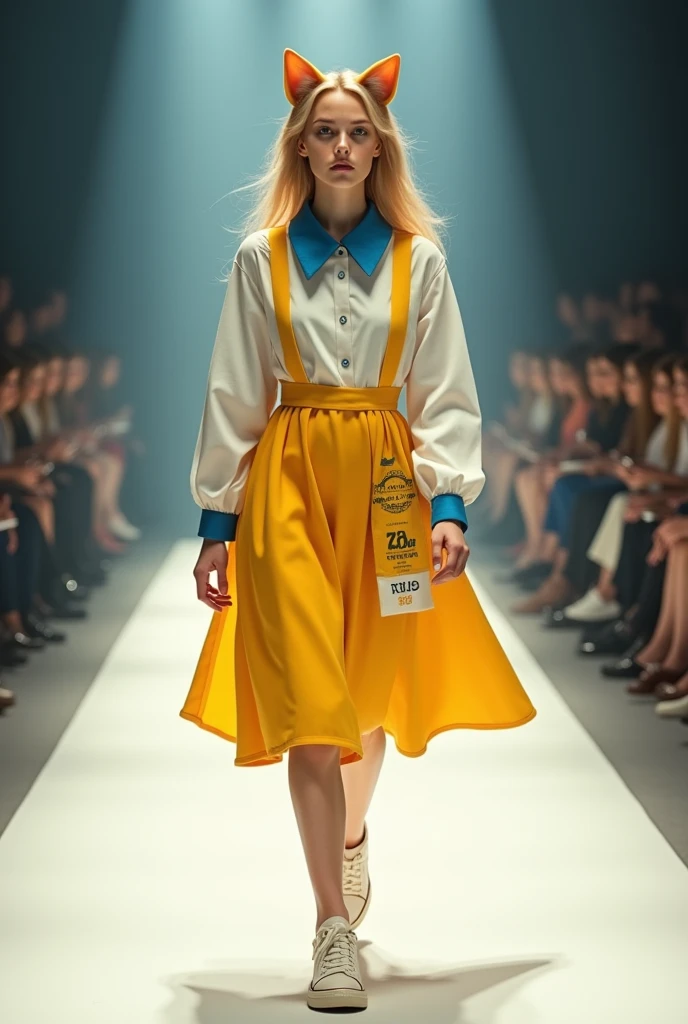 Full body photo of girl with cat face, she wears yellow white and blue dress, She is walking the catwalk in a youthful style outfit., charming, on the clothes there is a line :Real Estate 369
