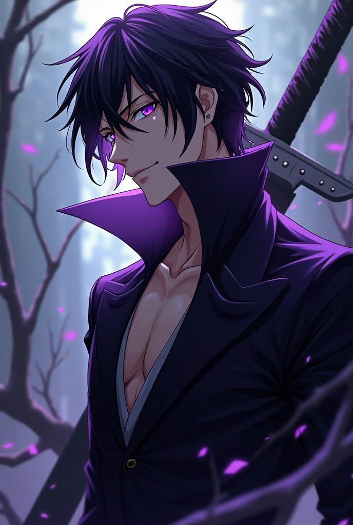 Create an male anime character using this name: 6. Brother - Aizen Grayford Blackwood (Gray) (His eyes are dark purple, his hair is pitched black and dark purple, his style resembles of hatred, love, ambitious, mysterious, elegance, creative, sadness, madness, arrogant, bold, power, evil, strength, hunger. His overflowing with a purple malevolence and dark evil aura. He had an unique dual cleaver dragon sword ) Make them more mature and majestic appeal.