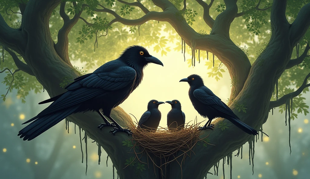 Kowes Family in the Banyan Tree: An old banyan tree with a cozy crow's nest, showing a happy family of crows living peacefully.