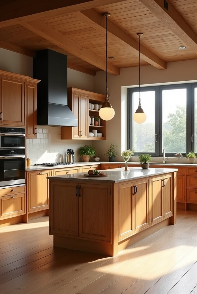 Wooden fitted kitchen with island