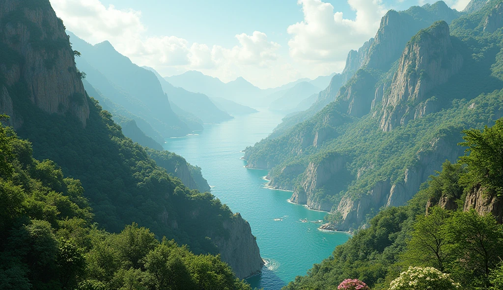 Panorama,There are many veins of gold and jade under the mountains covered with laurel trees.(best quality,4K,8k,High level,masterpiece:1.2),Ultra Detailed,(lifelike,Photo real,Photo real:1.37),Complex patterns,Realistic lighting,虚幻引擎4K壁纸,Summer Unreal Engine 5, Beautiful landscape rendering, Mountains and Oceans, Rendered in 8k Unreal Engine,,The most beautiful scenery,Epic shock