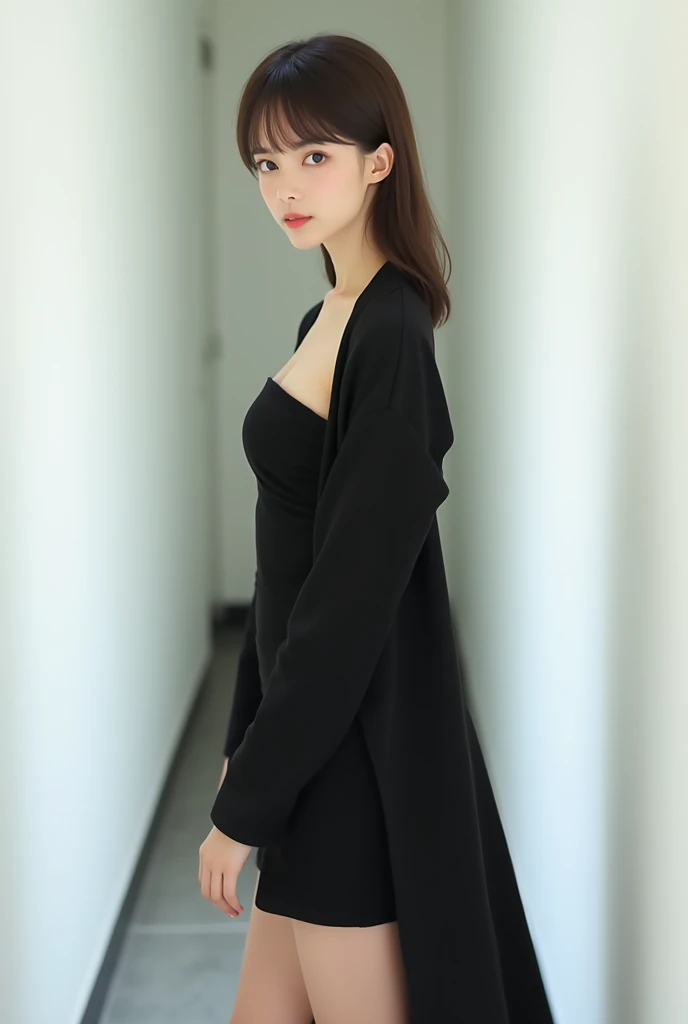brunette, smile, flat chest, skinny face, white wall, no decoration, short black dress, long jacket, looking smiling at camera, Standing in a white hallway, photo from behind
