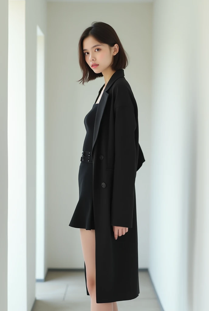 brunette, smile, flat chest, skinny face, white wall, no decoration, short black dress, long jacket, looking smiling at camera, Standing in a white hallway, photo from behind
