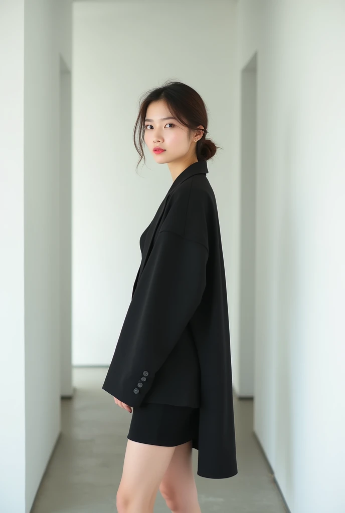 brunette, smile, flat chest, skinny face, white wall, no decoration, short black dress, long jacket, looking smiling at camera, Standing in a white hallway, photo from behind