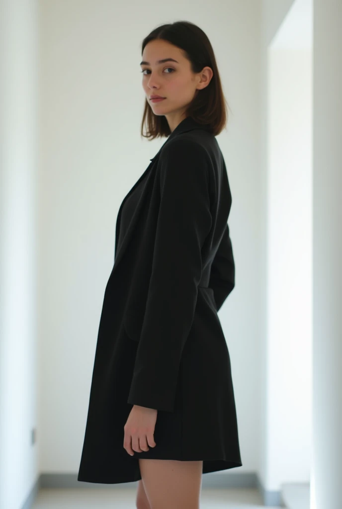 brunette, smile, flat chest, skinny face, white wall, no decoration, short black dress, long jacket, looking smiling at camera, Standing in a white hallway, photo from behind
